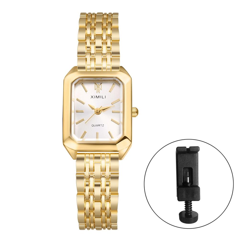 Square Bar Stainless Reverse Rotation Birthday Gold Women's Wristwatch, Waterproof, Dial Index, Simple, Quartz, Steel, Adjustable, Prevention,