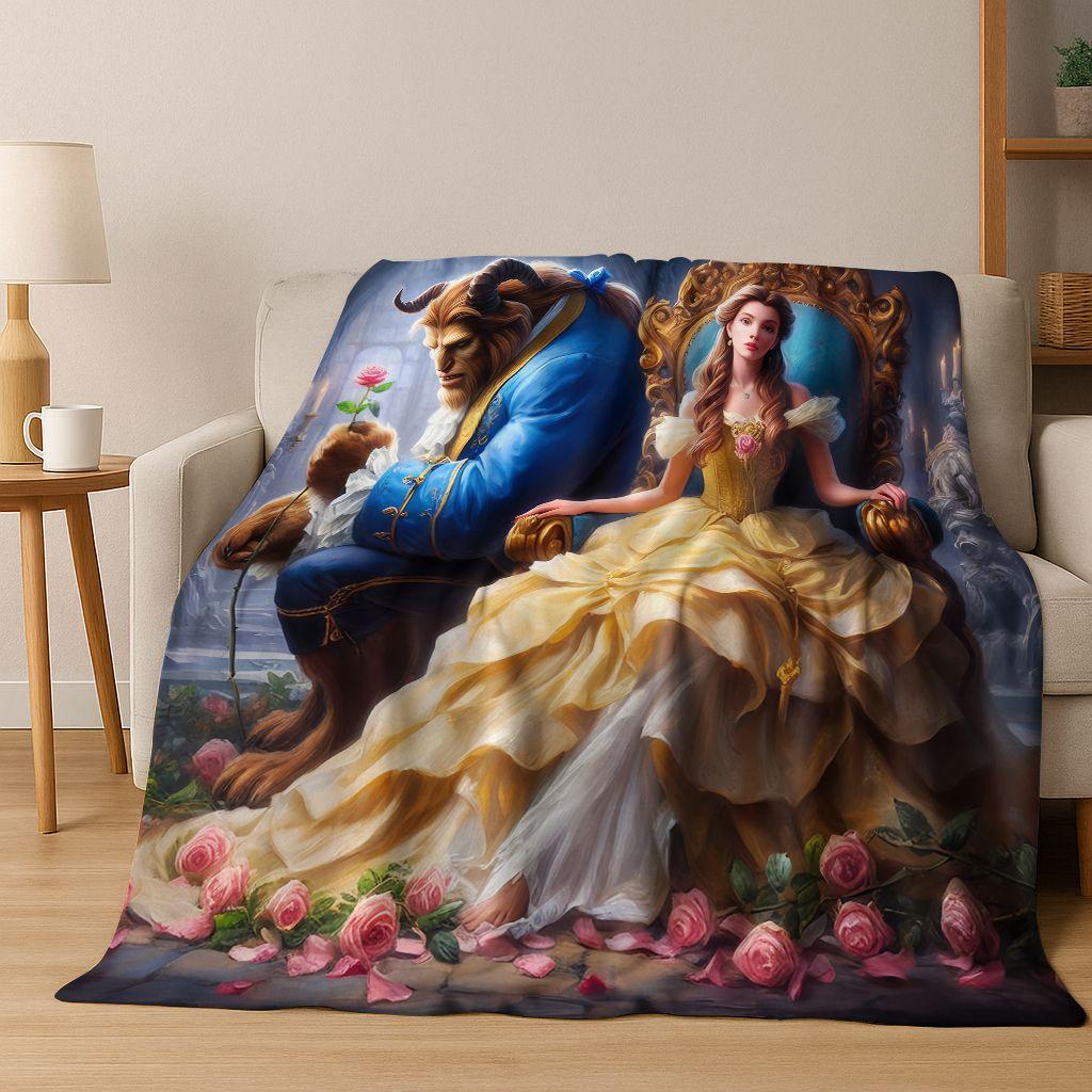 3D Beauty and The Beast Lovely Cartoon Flannel Blanket,Warm and Cozy Soft Throw Blanket for Home Bedroom Bed Sofa Cover Gift Kid
