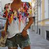 Fashion Colorful Canvas Printing Blouses Short Sleeve V-Neck T Shirts Casual