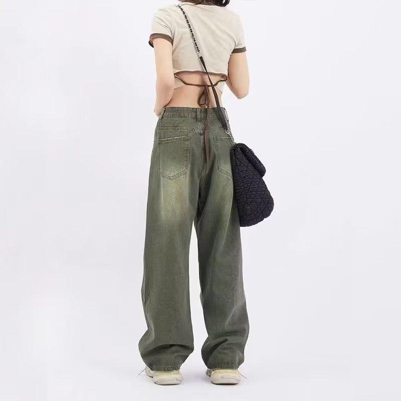 Green Jeans Women's Autumn Straight High Waist Was Thin Loose Wide-leg Mopping Pants Trend