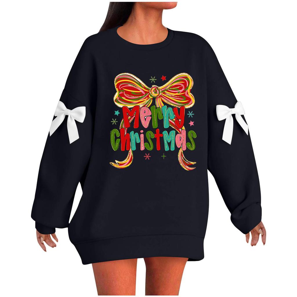 Ladies' Christmas Printed Bow Round Neck Long Sleeved Loose Pullover Sweater Sweatshirt Top