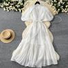 Ladies' Lantern Sleeve Waist Cinched Single Breasted Summer Dress Collar Lantern Short Sleeve Casual Style Women Dress