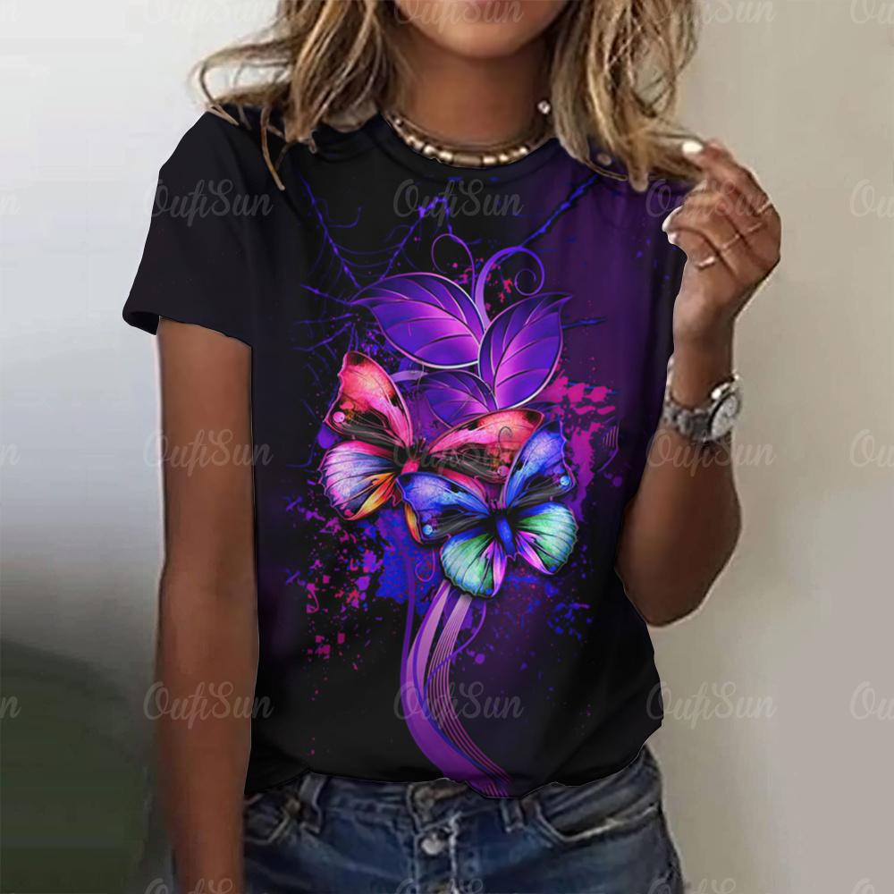 Женская футболка с принтом бабочки 3D, фиолетовая, с круглым вырезом, повседневная, женская, градиентная, топ Harajuku для девочек, с коротким рукавом, модная одежда