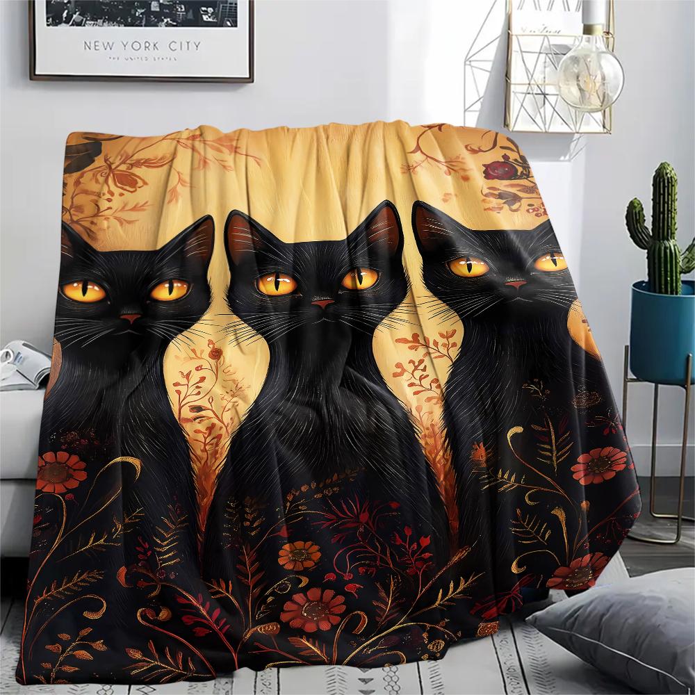 Retro Mysterious Kitten Print Flannel Blanket,High quality Comfortable for All Seasons,Home Decor,Warmth and Comfort,Perfect for Christmas Gifts