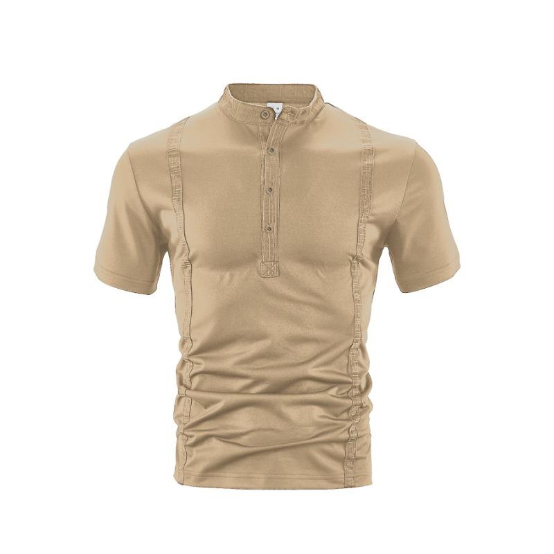 Men Stand Collar Button Placket Short Sleeve Henley T Shirt Slim Fit Casual Top