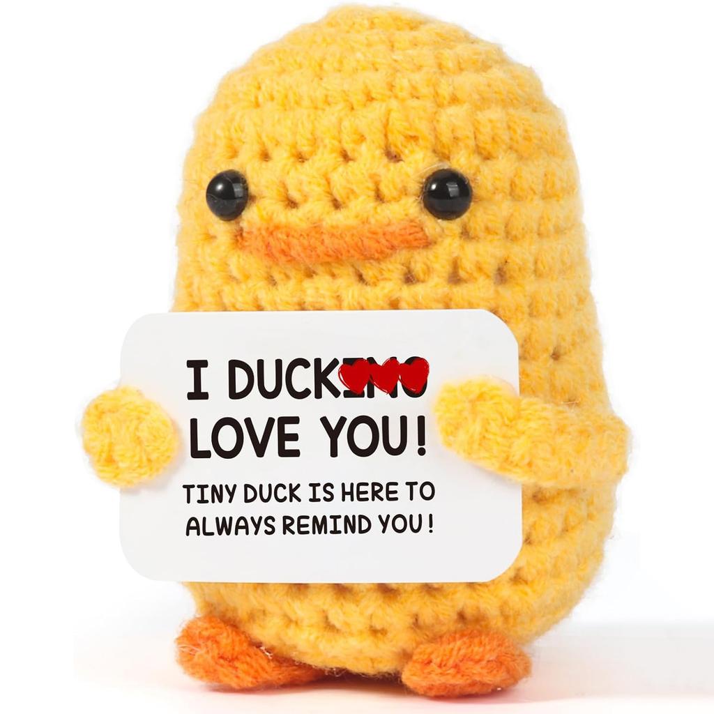 Positive Energy Duck Handmade Plush Wool Knitting Doll With Card Funny Crochet Duck Ornament Christams Gift Home Room Decoration