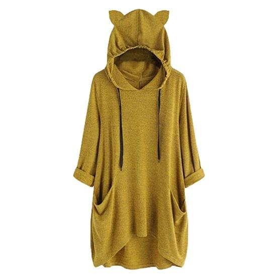 Женское длинное худи-пуловер с неровным подолом, рукавами 3/4, толстовки с капюшоном с кошачьими ушками, туники с карманами