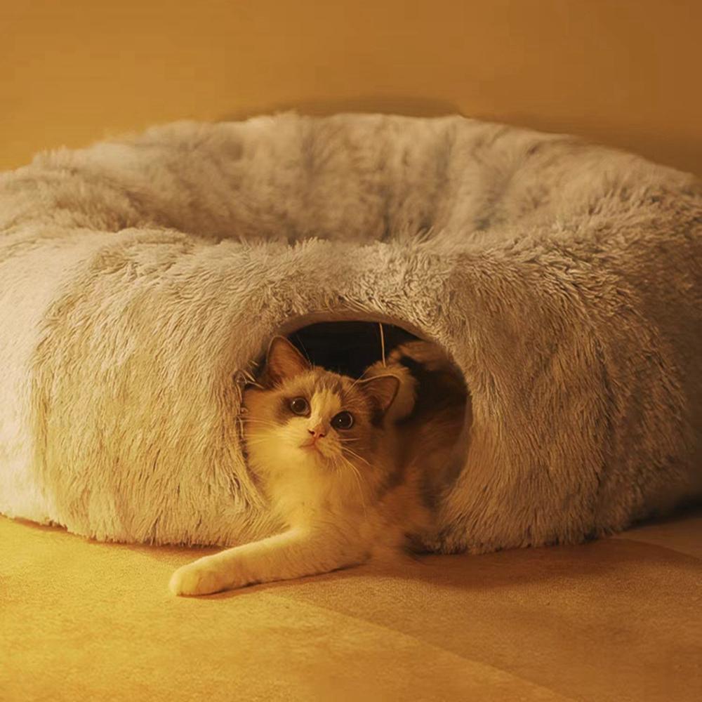 2 In 1 Soft Plush Cat Beds House Funny Cat Tunnel Toy Round Cat Dog Sleeping Bed Nest for Small Dogs Kittens Cushion Mat Kennel