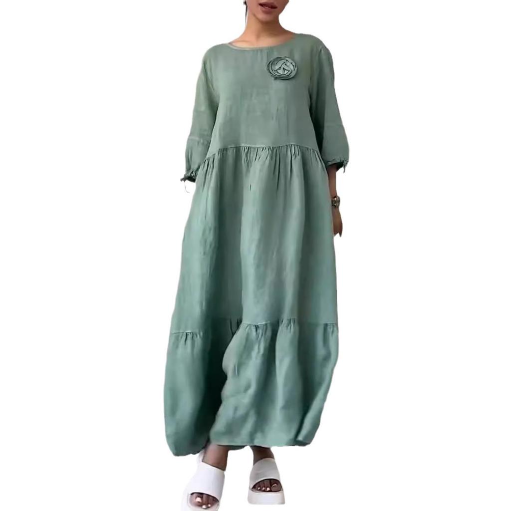 Женское однотонное повседневное длинное платье с круглым вырезом и длинными рукавами на шнуровке на шнуровке больших размеров