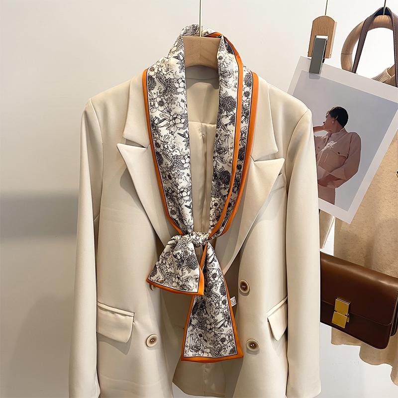 Women Silk Feel Printed Design Scarf Shawl Fashion Luxury Long Narrow Small Silk Scarves Ladies Headband Headscarve Bags Wrap