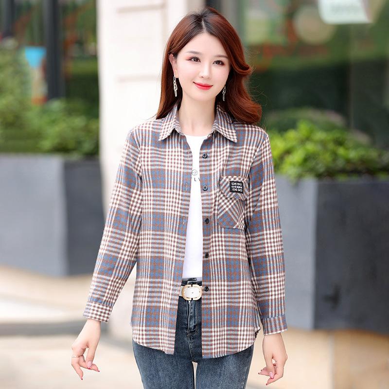Women's Medium Length Striped Shirt Stand-up Plaid Shirt Casual Loose Shirt Office Shirt
