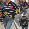 Pullover Top Women's Striped Three-dimensional Wool Embroidery Flower Patchwork Polo Neck Sweater