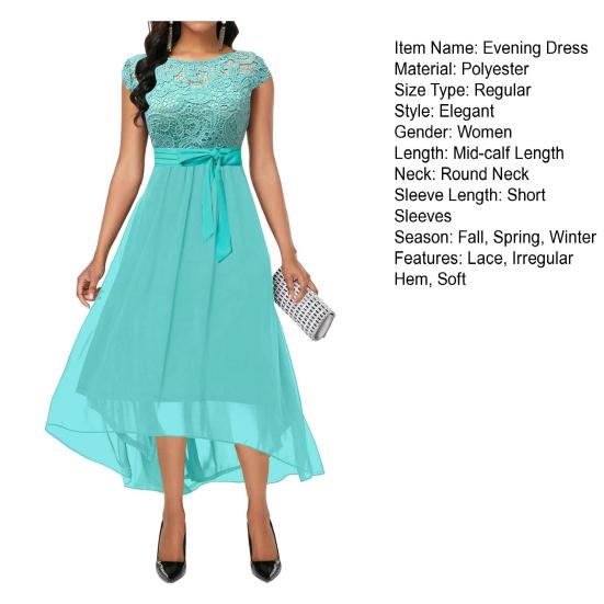 Вечернее платье с круглым вырезом, ажурное кружево, V-образная спинка, с поясом, узкая талия, потайная молния, неровный подол, двойной слой, короткий рукав, вечеринка для выпускного вечера в стиле ретро