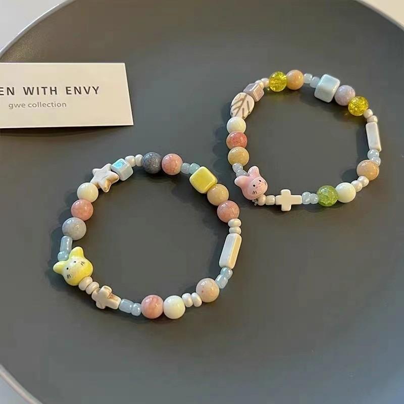 Sweet Pink Ceramic Rabbit Bead Bracelet Adorable Handcrafted Charm For Women And Men