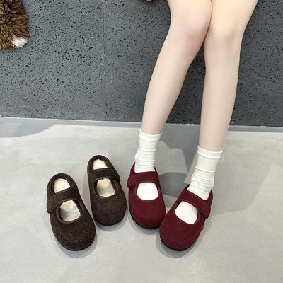 Женские серые меховые туфли «Мэри Джейн» на липучках — теплый бархат, плоская подошва, в стиле «зимний отдых».