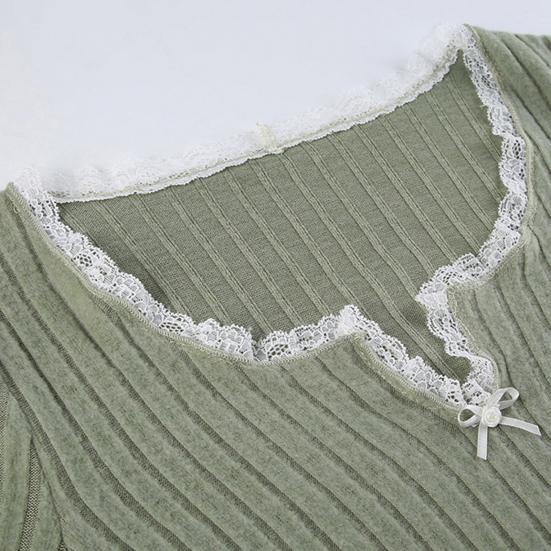 Women Tops V-Neck Lace Stitching Long Sleeve Irregular Hem Pullover Tops Solid Color Ribbed