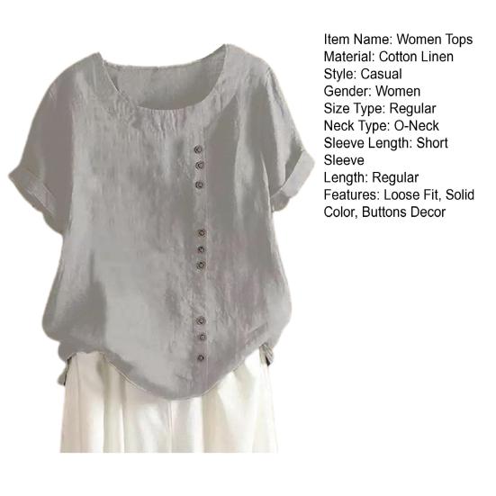 Women Casual Tops O-Neck Short Sleeve Buttons Decor Tee Shirt Loose Fit Solid Color Pullover