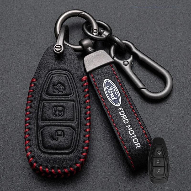 New 2026 Car Sticker 2025 Hot New Leather KeyChain Accessories Car Smart Remote Key Case for Ford ST Line Fiesta Focus Mondeo Ec