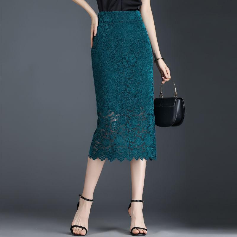 Юбка миди с ажурным кружевом для женщин, летняя, новая, прямая, с высокой талией, с разрезом на талии, средней длины