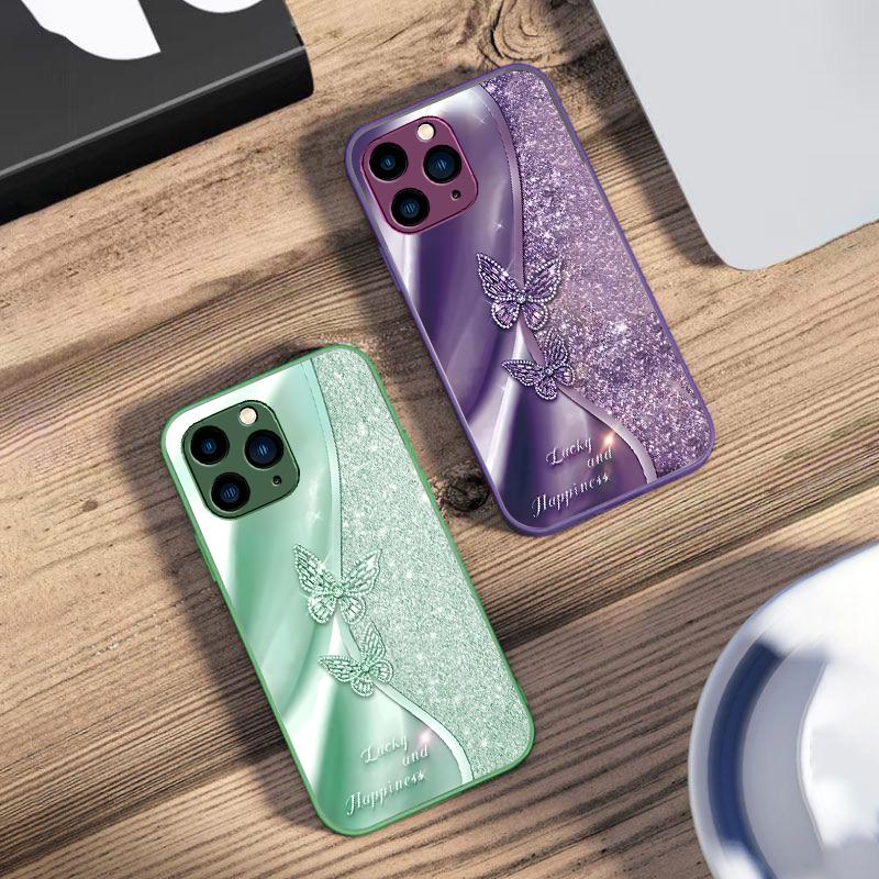 Золотая Бабочка Для IPhone 16 Pro Max 15 Pro 14 13 12 Mini 11 XS Max XR 7 8 Plus SE 2022 Закаленное Стекло Чехол для Телефона