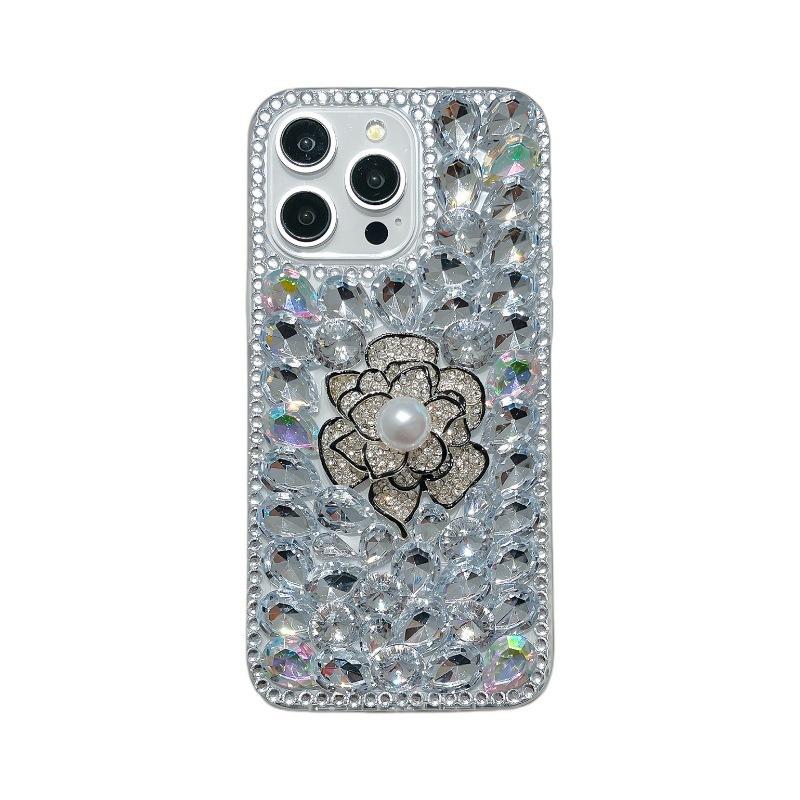 Full Diamond Camellia Apple 16promax Rhinestone Mobile Phone Case Female Iphone15 Protective Case for 14 Luxury 13
