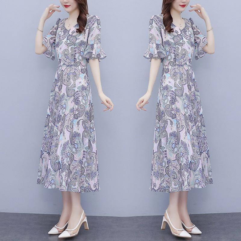 Цветочное платье из ледяного шелка летний наряд сладкий новый большой размер облегающий и стройнящий стиль и омолаживающая длинная юбка