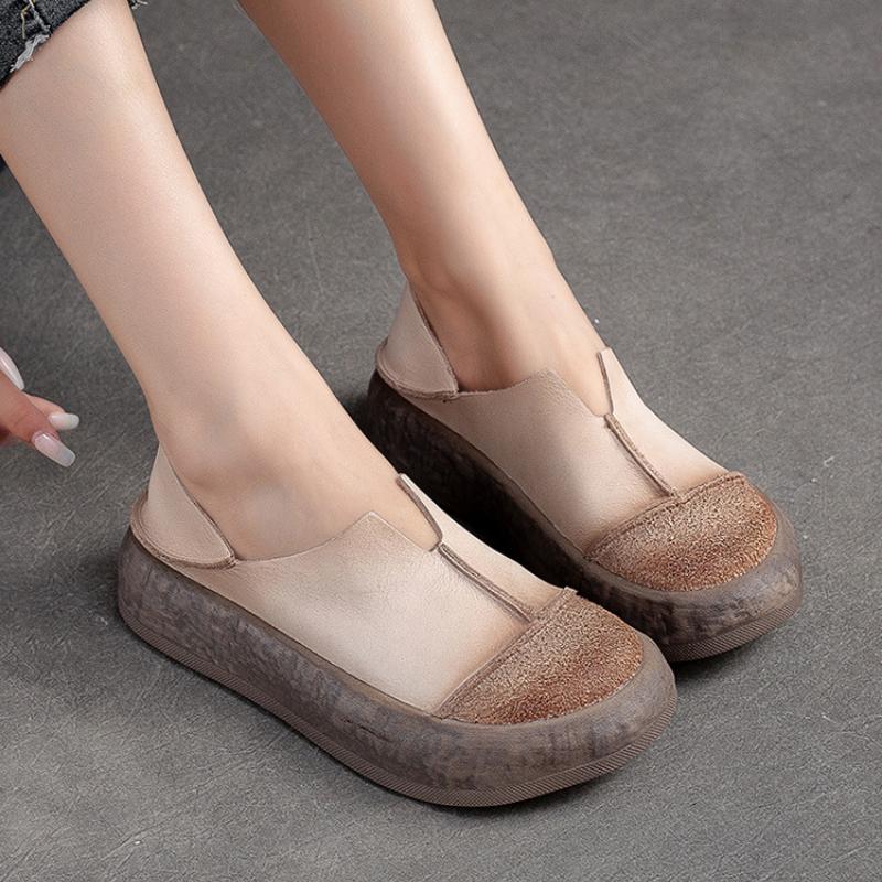 Johnature Туфли на платформе на плоской подошве из натуральной кожи. Мокасины в стиле ретро. Повседневные туфли без шнуровки с круглым носком на мягкой подошве.