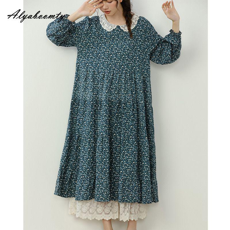 Японское платье Mori Girl весна-осень для женщин, свободное платье миди, милое кружевное платье с воротником Питер Пэн, зеленое, серое, синее, с цветочным принтом, винтажное элегантное платье