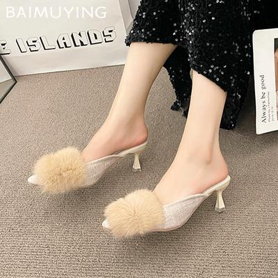Меховые женские тапочки с острым носком, модные элегантные зимние туфли на среднем каблуке 2025 года, дизайнерские туфли-лодочки Mujer Zapatillas