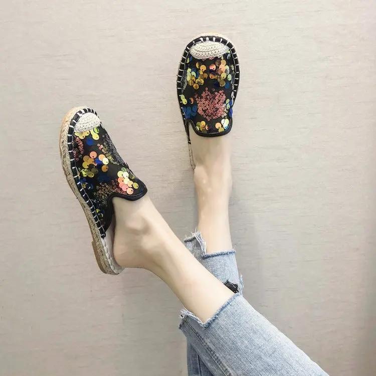 Fashion Sequined Slippers Women's Summer All-match Flat Sandals Women Retro Mesh Lace Slippers Fashion Loafers Bling Muller Shoes