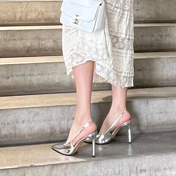 Темпераментные женские туфли со стразами, туфли-лодочки на высоком каблуке с острым носком, лето 2025, новинка, серебристые женские сандалии-стилетто для знаменитостей