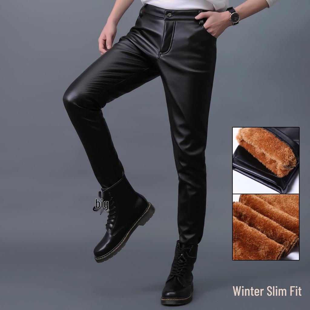 Men's Korean Style Slim Fit Motorcycle Leather Pants - Fleece-Lined, Skinny, Elastic, Spring/Autumn Trend