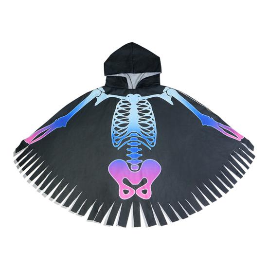 Halloween Skeleton Poncho Hooded Skeleton Cape Halloween Party Costume Cosplay Outfit for Kids Adults
