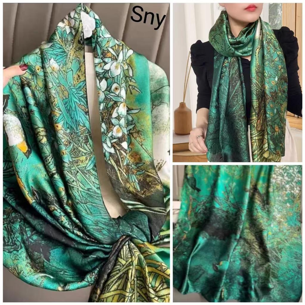 New Spring and Autumn Retro Floral Cranes Temperament Simulation Silk Large Long Scarf Sunscreen Outwear Shawl Female Silk Scarf