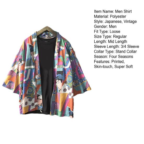 Men Shirt Chinese Style Print 3/4 Sleeve Relaxed Fit Streetwear Japanese Loose Stand Collar Kimono Top Men Clothing