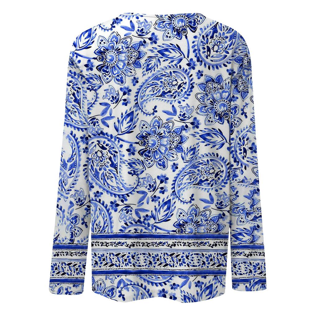 Летняя женская новая модная футболка с длинными рукавами и воротником на пуговицах, футболка с ретро-принтом, тонкий топ, повседневные топы