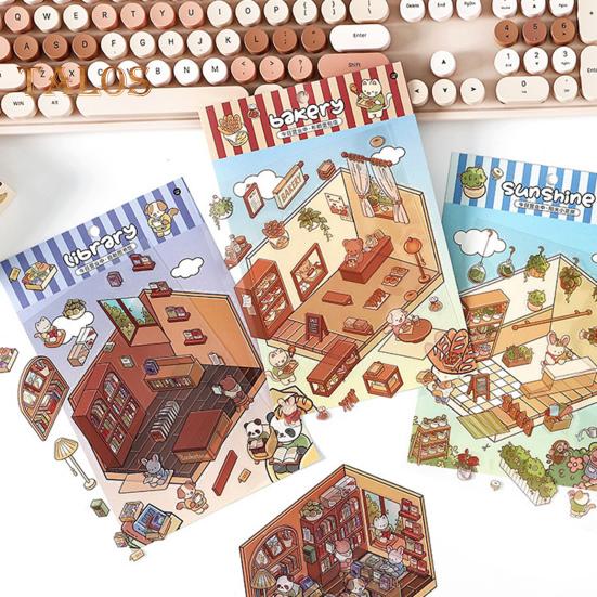 4 Set 3D DIY House Scene Stickers Stress Relief Decals Supermarket Coffee Shop Bookstore Sun Room Library Tear-resistant Surface Stickers