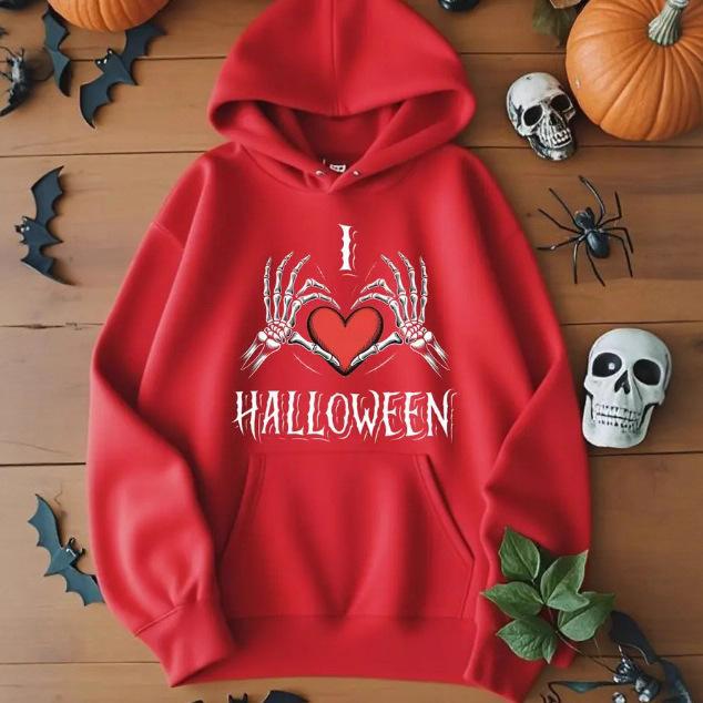 Ladies Spring Autumn Casual Hooded Long Sleeve Big Pocket Halloween Skull Bones Printed Pullover Hoodies Sweatshirt Top