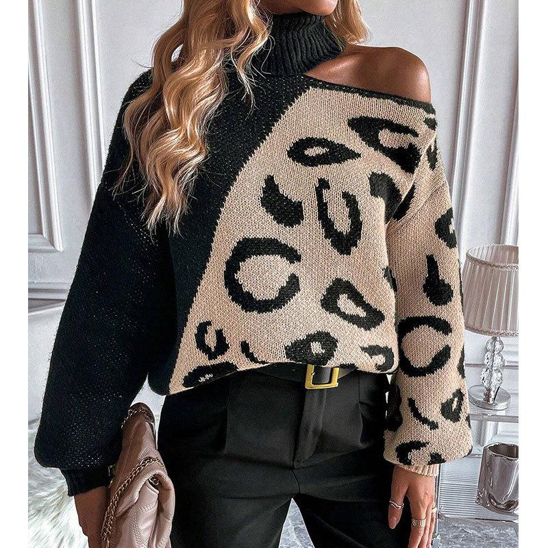 Europe, America, Autumn And Winter New Leopard Print Women'S Sweater Sexy Off-The-Shoulder Splicing Turtleneck Pullover Women