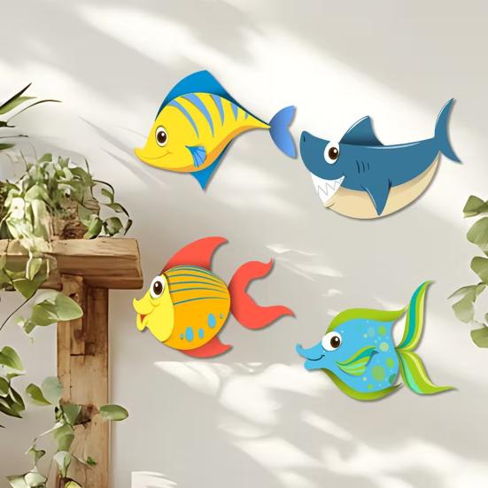 4 Pcs Wood Fish Nautical Wall Decor, Ocean Fish Shark Rustic Hanging Beach Decor, Cartoon Coastal Wall Art for Living Room, Nursery