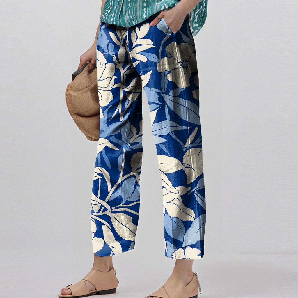 Women's Fashionable Floral Print Straight Leg Pocket Elastic Waist Casual Pants Pants