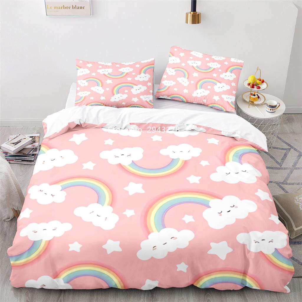 Home Fabric Rainbow Series Pattern Lovely Blue Pink Duvet Quilt Cover Pillowcase Bedding Adult Boys Bedroom Decoration
