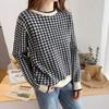 Korean Fashion Patterned Knit Gingham Loose Fit for and Spring and [KOREARU] Women's Top, Check, Cute, Girly, Stylish, Fall, Winter, (Black White)