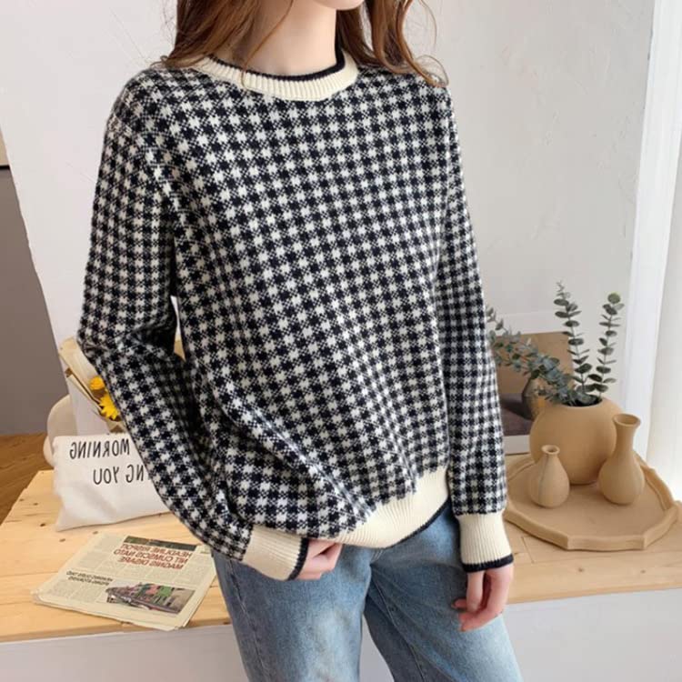Korean Fashion Patterned Knit Gingham Loose Fit for and Spring and [KOREARU] Women's Top, Check, Cute, Girly, Stylish, Fall, Winter, (Black White)