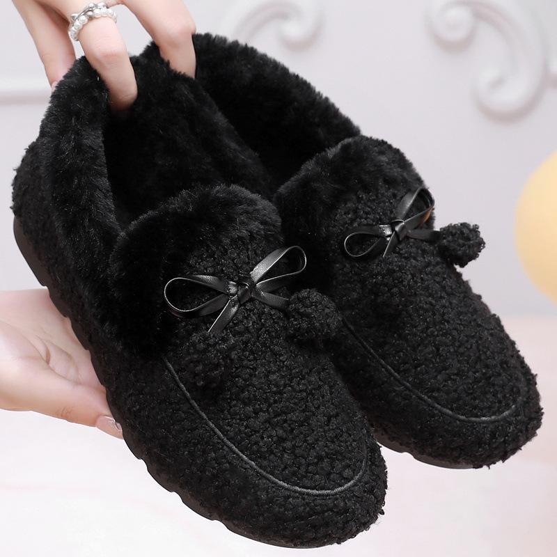 Women's Winter Faux Fur Loafers Warm Cozy Slipper with Polar Fleece Lining Non Slip House Shoes for Indoor Outdoor Flat Shoes With Bow-tie for Female