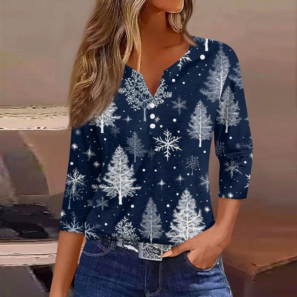 Жен. Футболка Футболка С принтом Пуговицы Рукав 3/4 Повседневные Выходные Мода Классический Классический V-образный вырез Обычный Верх