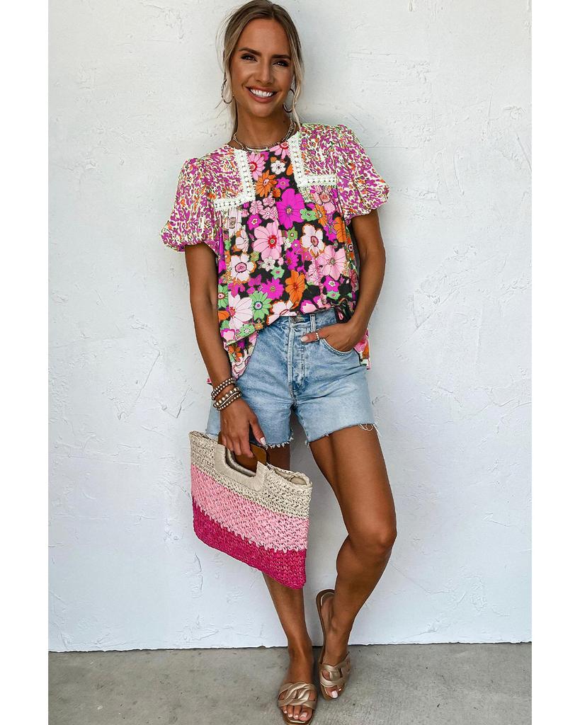 Azura Exchange Блузка с цветочным принтом и кружевной отделкой, розово-красного цвета, с рукавами-фонариками