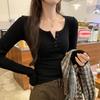 Spice Girl Sexy U-Neck Button Half Open Neck T-Shirt Women's Spring Slim Skinny Shoulder Long Sleeve Top Bottom