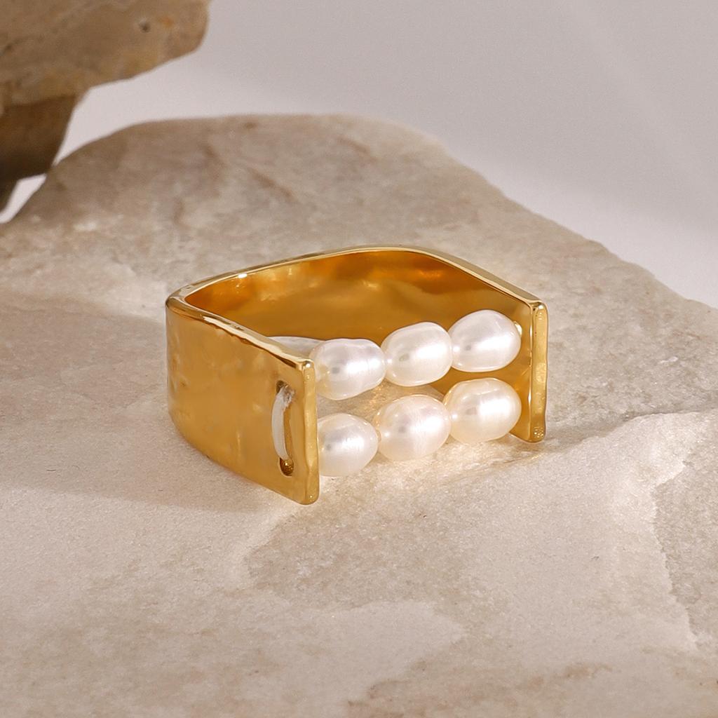 Youthway Double-Layer Freshwater Pearl Stainless Steel Ring For Unisex  Gold Color Luxury Daily Jewelry Matching Gift