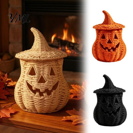 Rustic Fall Aesthetic Halloween Pumpkin Lantern Tabletop Decor, Woven Witch Hat Candy Bowl & LED Gothic Home Decor Prop, Centerpiece for Shelf Mantel